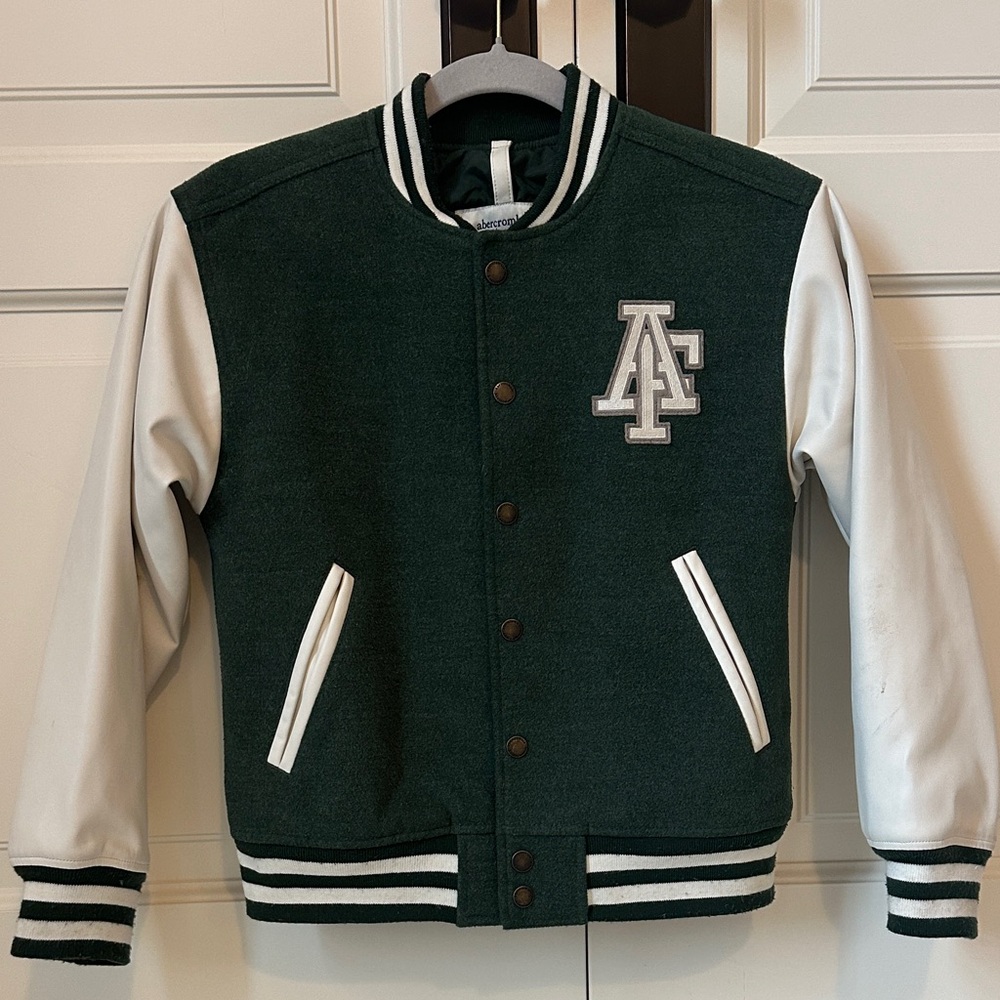 Abercrombie Kids Green and White Varsity Jacket